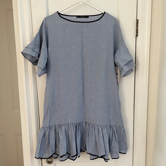 Zara | White/Sky Blue Striped Dress with Frilled Sleeves - Picture 2 of 6